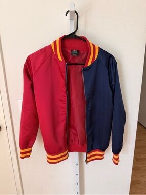 Harley Quinn Colorblock Red & Navy Women's Bomber Jacket with Stripe Ribbing